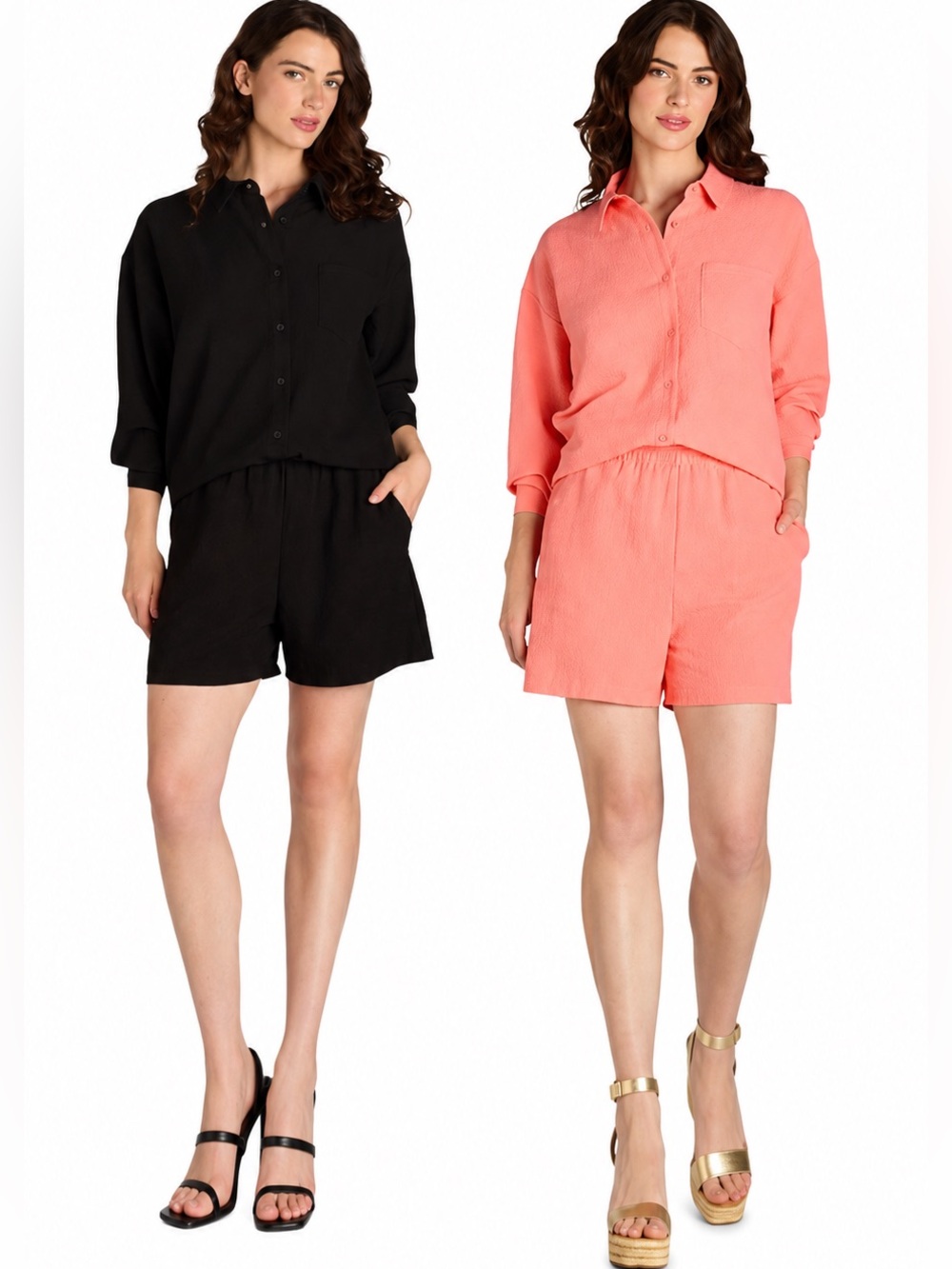 Womens Button-Front Relaxed Shirt and Short Set - Black and Coral